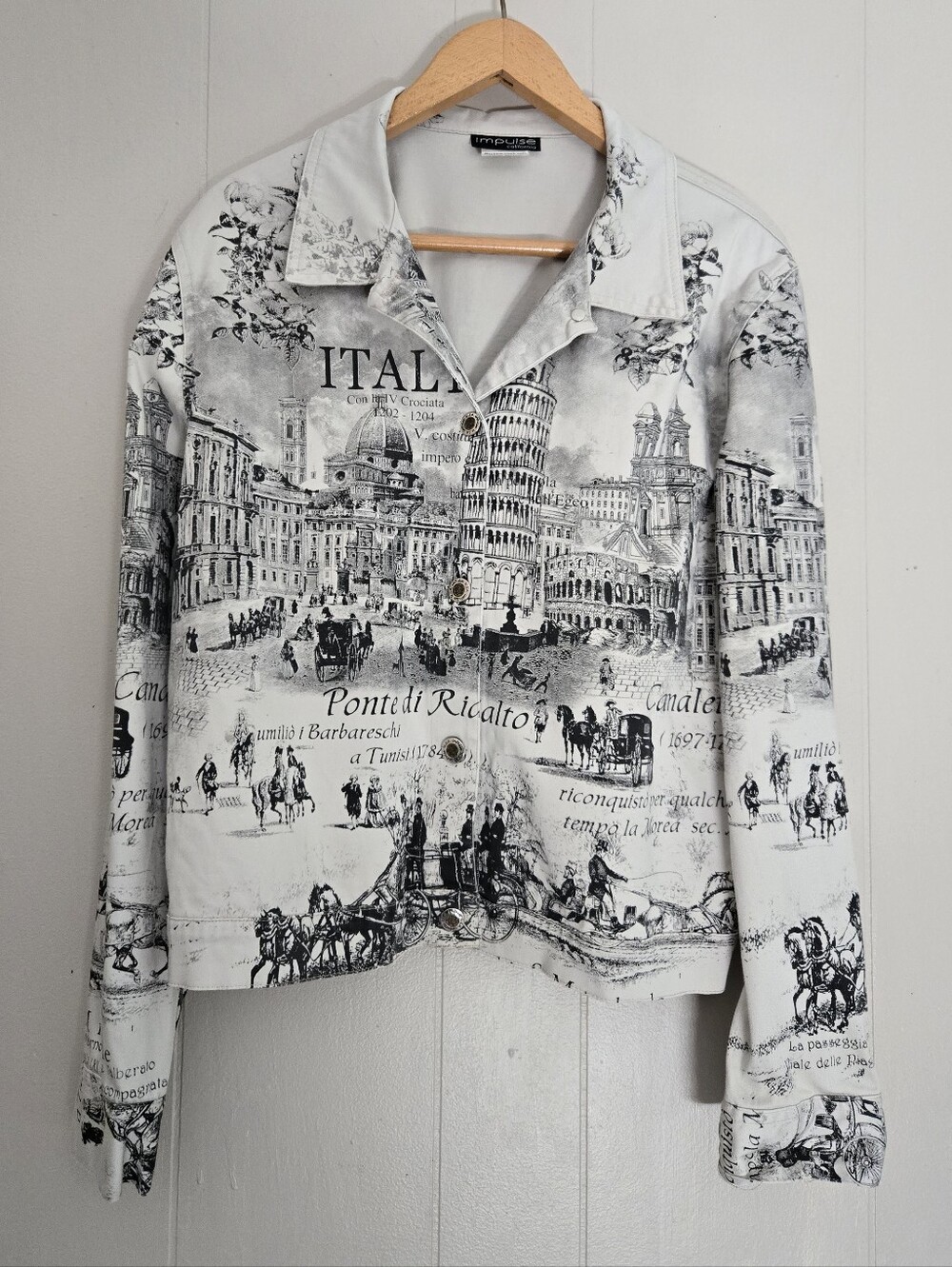 Vtg Impulse Italy Print Jacket Pisa Tower Rialto Bridge Travel Novelty Artsy L
